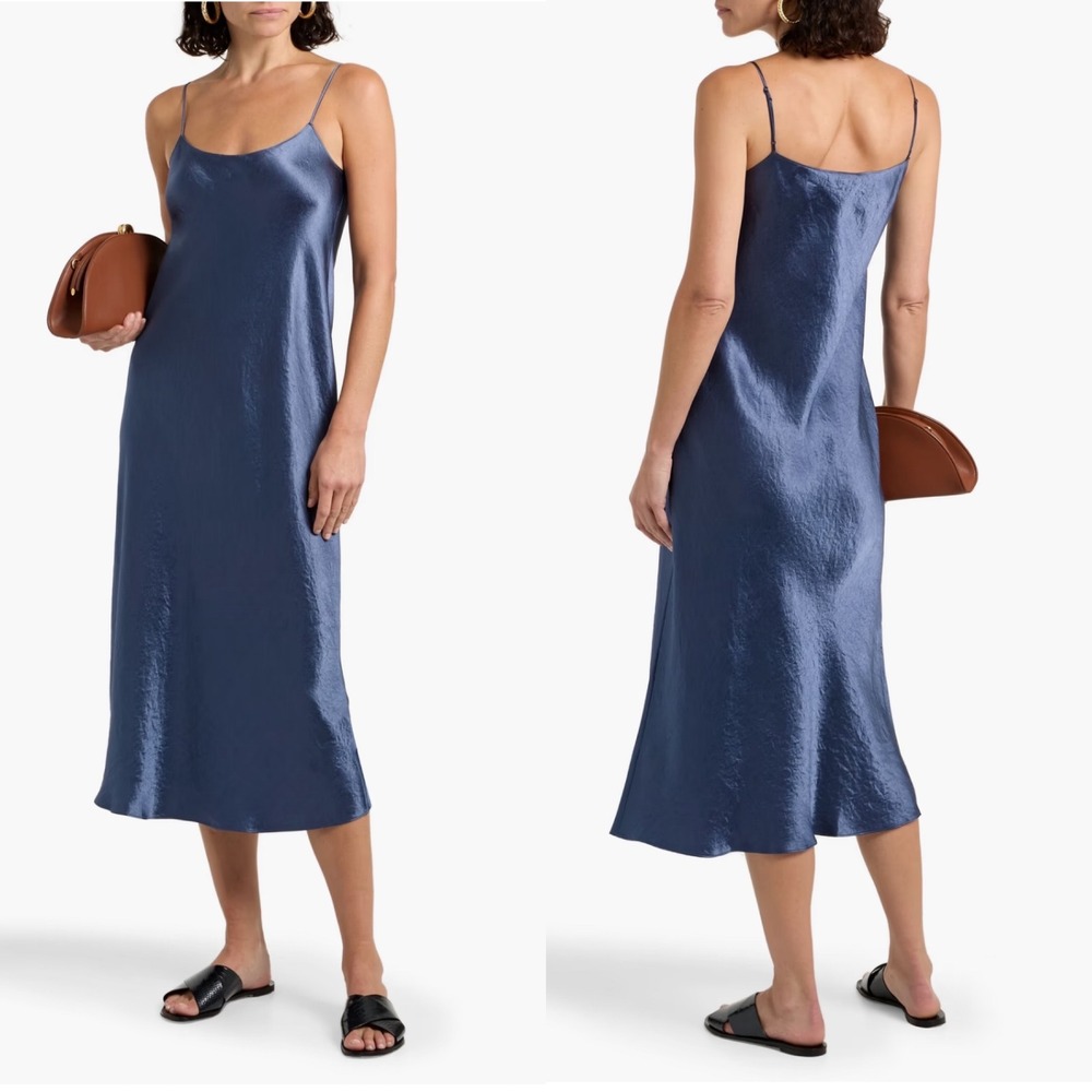 VINCE Crinkled Satin Midi Slip Dress Blue Womens XL Party Glam Evening Sexy Date